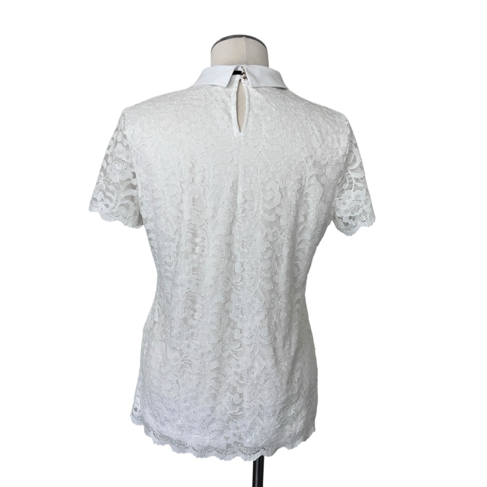 KARL LAGERFELD Peter Pan Collar Black Tie Short Sleeve Lace Top Blouse White M - Picture 10 of 17